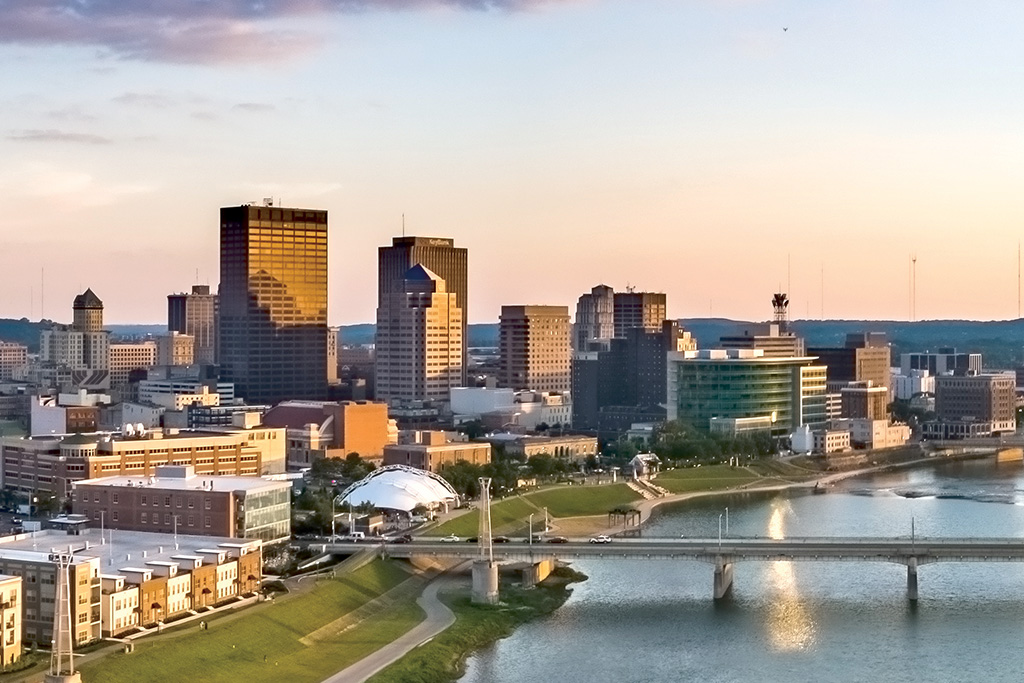 Dayton, Ohio skyline and the Great Miami River at sunset