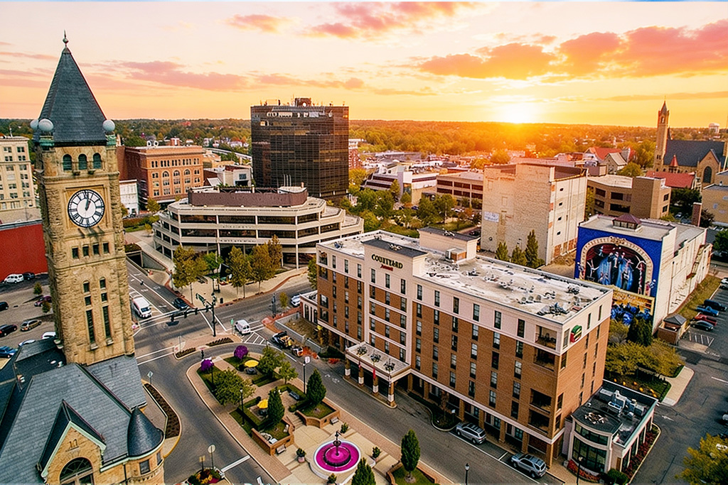 Aerial view of downtown Springfield, Ohio at sunset